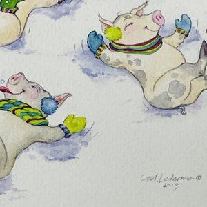 Laughing Pigs Christmas Card M Lederman 2013 envelope Single Heifer